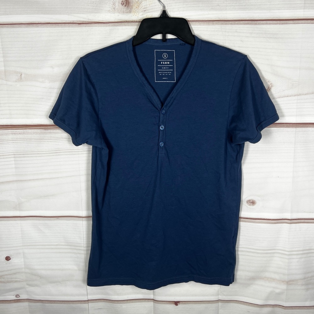 FSBN Slim Fit T-Shirt Mens Small Blue Solid Henley Short Sleeve Cotton Basic Tee